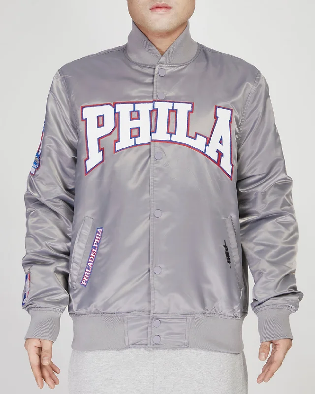 NBA PHILADELPHIA 76ERS CREST EMBLEM MEN'S SATIN JACKET (GRAY)