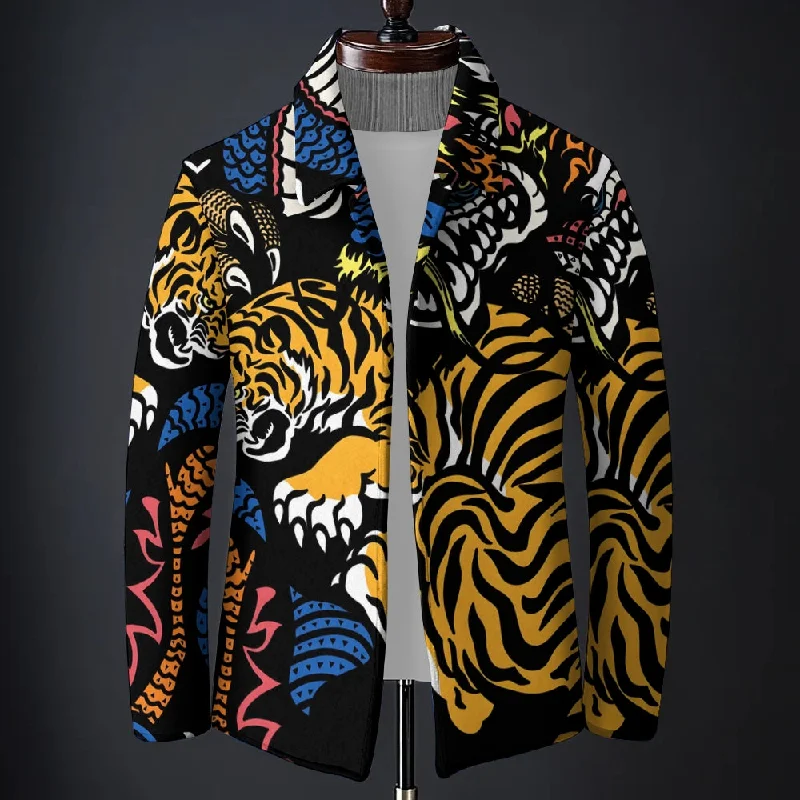 Men'S Dragon Tiger Fight Printed Long-Sleeved Woolen Coat 2409011480