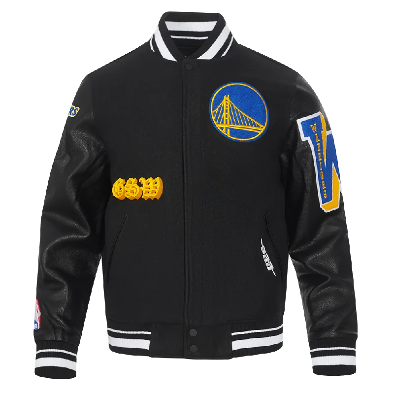 NBA GOLDEN STATE WARRIORS OLD ENGLISH MEN'S RIB WOOL VARSITY JACKET (BLACK)