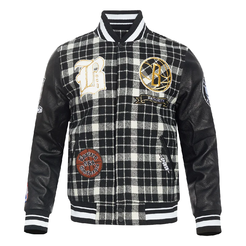 NBA BROOKLYN NETS PRO PREP MEN'S PLAID WOOL VARSITY JACKET (WHITE/BLACK)