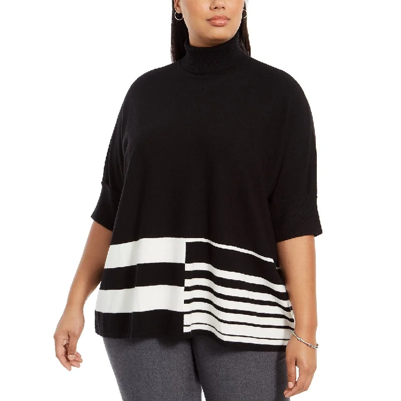 Alfani Women's Plus Size Colorblocked Turtleneck Poncho Black Size 2X