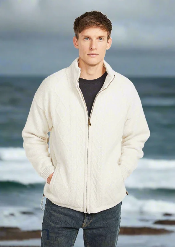 Mens Lined Wool Aran Cardigan | Natural