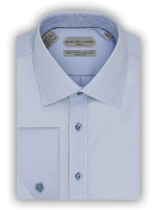 Steven Land Men's 100% Cotton Blue French Cuff Non-Iron Classic Fit Dress Shirt