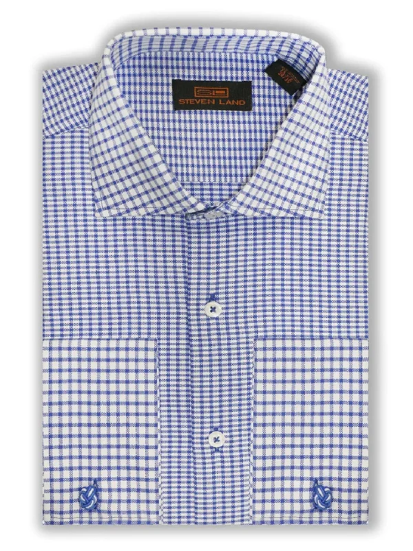 Steven Land Mens Blue Check Spread Collar French Cuff 100% Cotton Dress Shirt