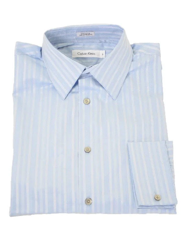 Calvin Klein Mens Blue Striped Classic Fit 100% Cotton French Cuff Dress Shirt