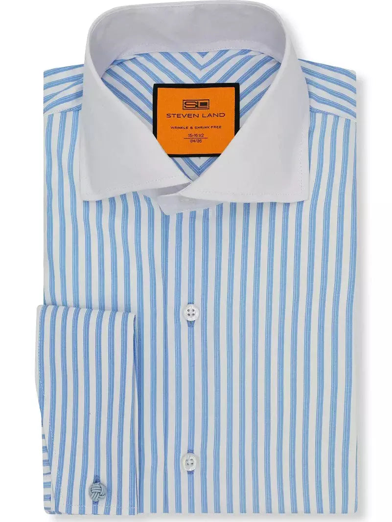 Steven Land Mens Blue Striped French Cuff Contrast Collar Cotton Dress Shirt