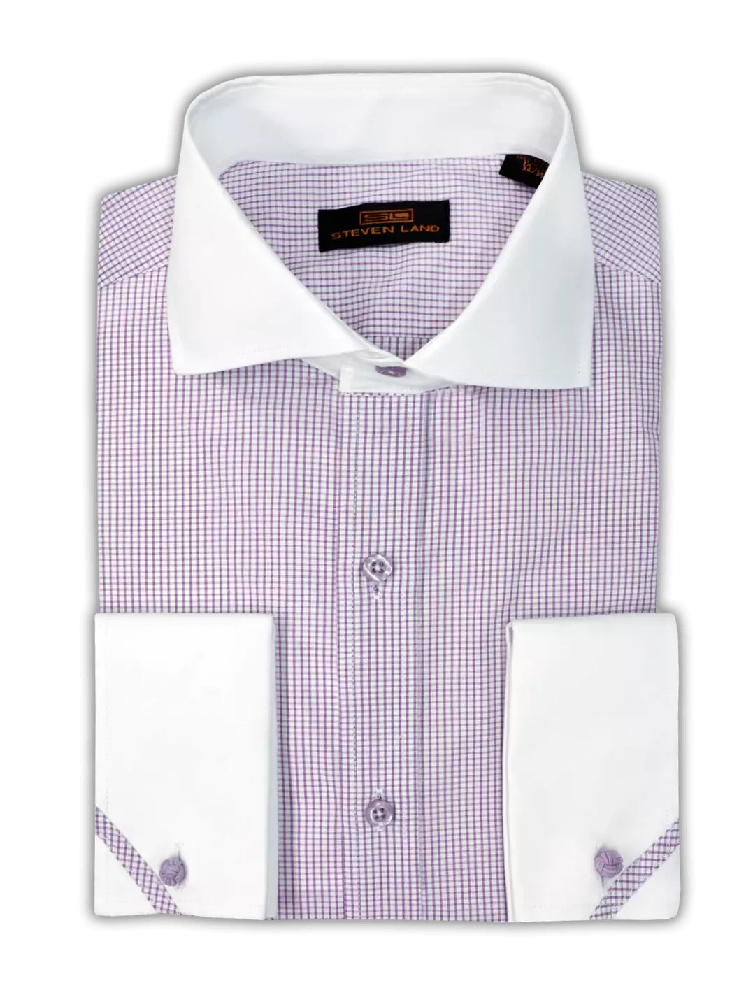 Steven Land Mens Purple Check Contrast Collar & French Cuff Cotton Dress Shirt