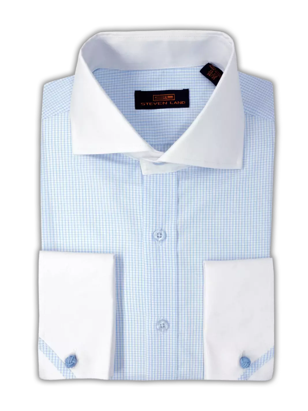 Steven Land Mens Blue Check Contrast Collar & French Cuff Cotton Dress Shirt