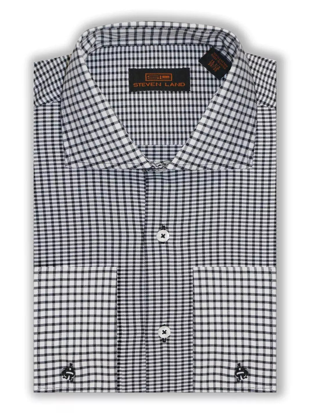 Steven Land Mens Black Check 100% Cotton Spread Collar French Cuff Dress Shirt