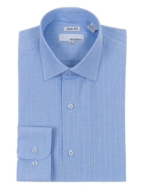 Mens Slim Fit Blue Dotted Stripe Spread Collar Cotton Blend Dress Shirt