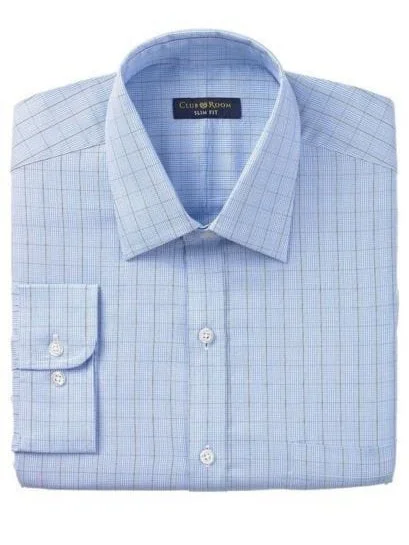 Club Room Slim Fit Blue Plaid Button Down Collar Easy Care Cotton Dress Shirt