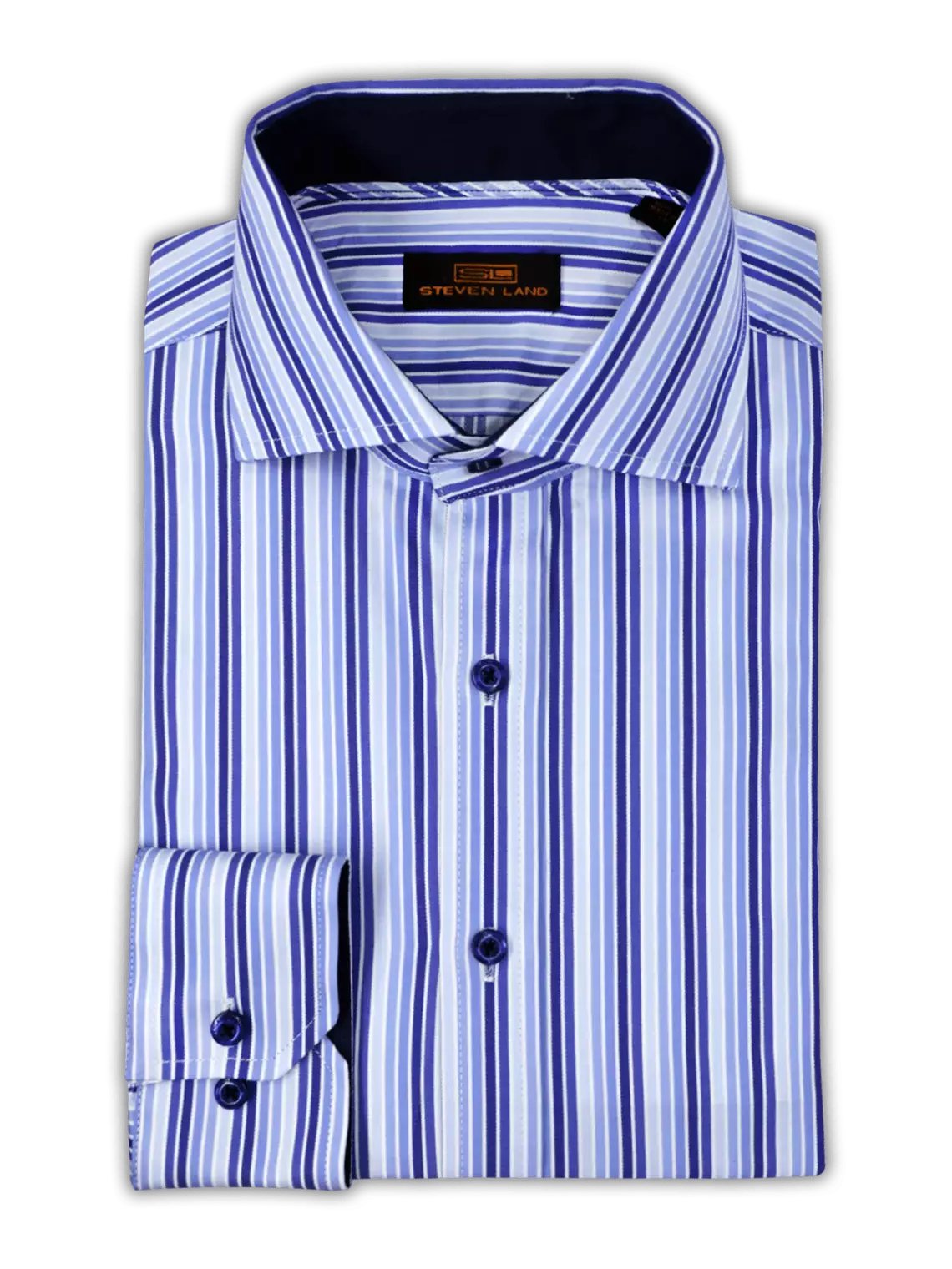 Steven Land Mens Blue Striped Regular Fit Spread Collar 100% Cotton Dress Shirt