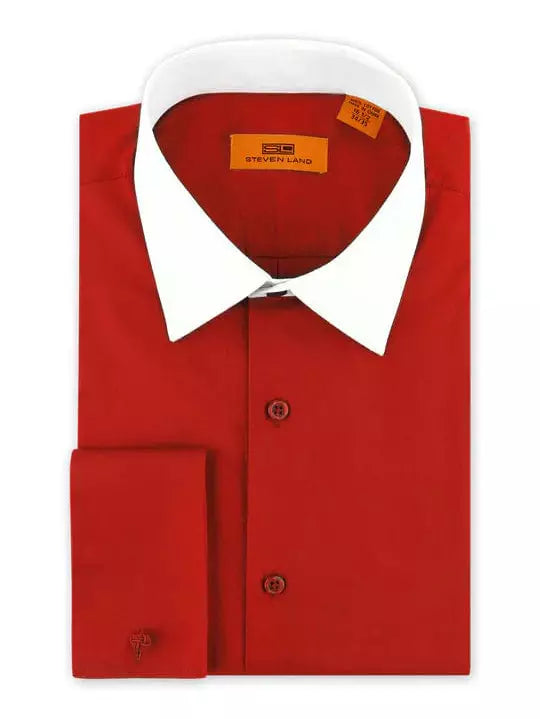 Steven Land Mens Cotton Red Contrast Collar French Cuff Cotton Dress Shirt