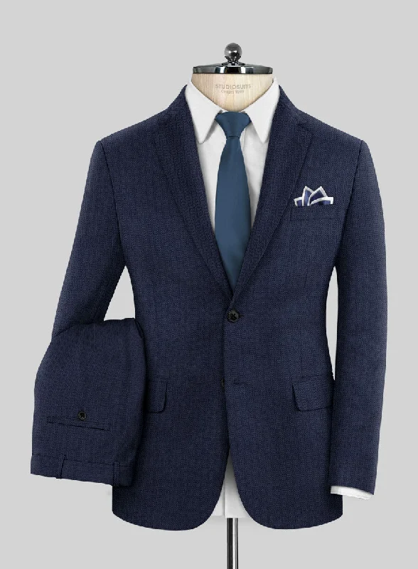 Scabal Tornado Herringbone Navy Blue Wool Suit