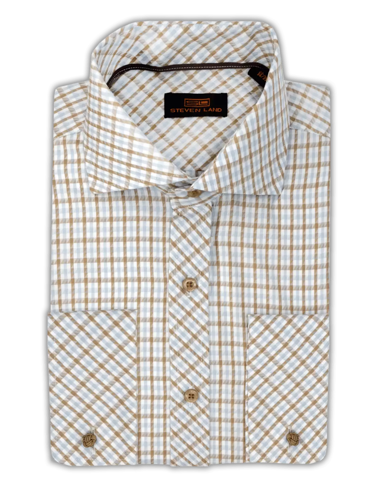 Steven Land Mens Brown Plaid Spread Collar French Cuff 100% Cotton Dress Shirt