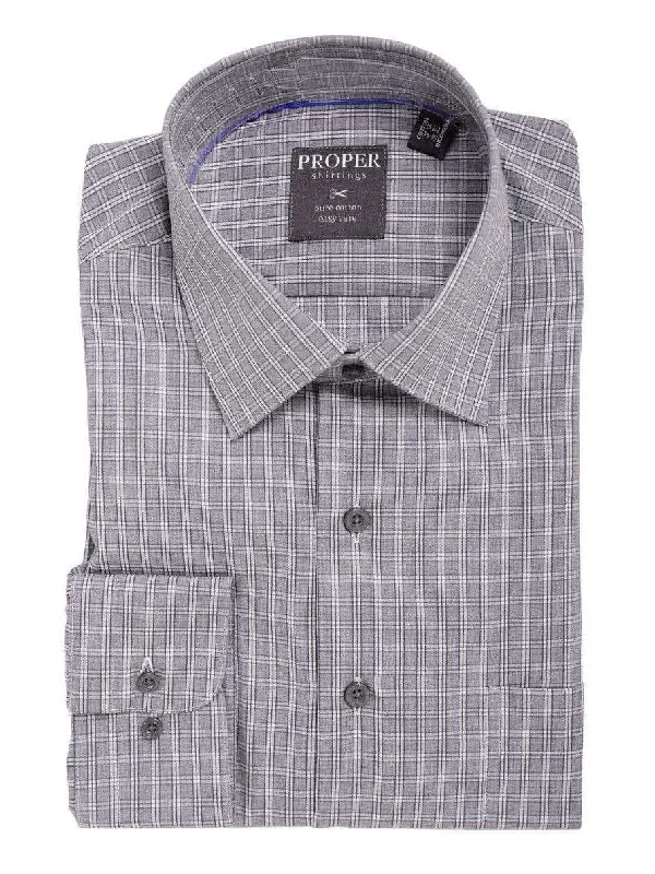 Men's Cotton Gray Plaid Check Classic Fit Spread Collar Dress Shirt