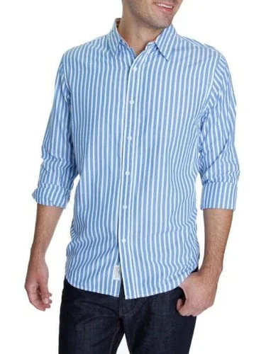 Club Room Mens Blue & White Striped 100% Cotton Slim Fit Dress Shirt