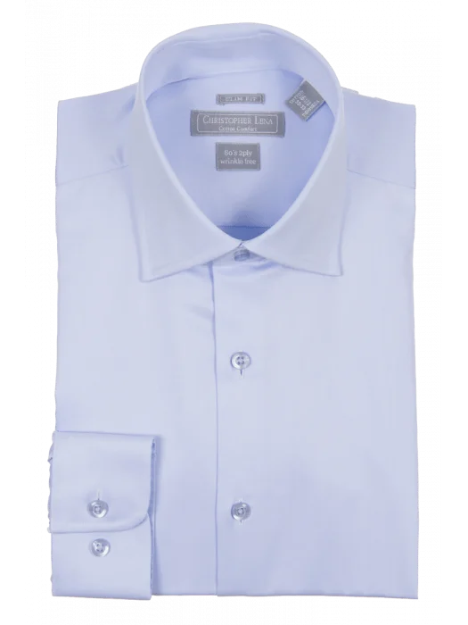 Men's Slim Fit Light Blue Spread Collar Wrinkle Free 100% Cotton Dress Shirt