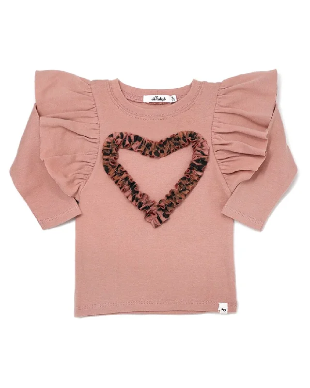 oh baby! Cheetah Ruffle Heart Butterfly Sleeve T-Shirt