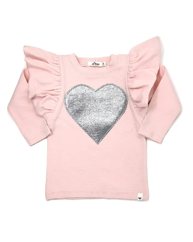 oh baby! Silver Heart Applique Butterfly Sleeve T-Shirt