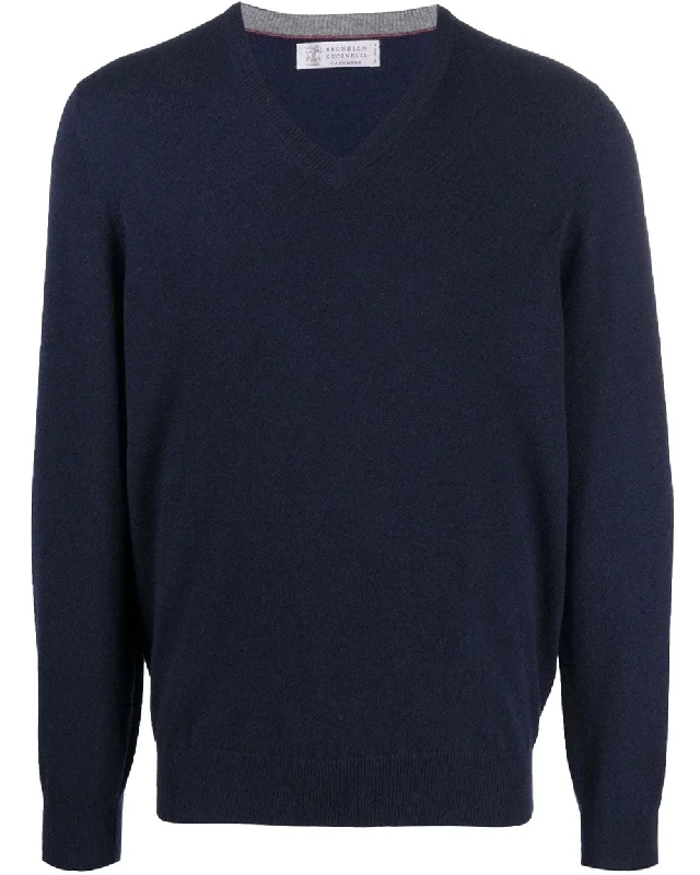 Navy Wool and Cashmere V-Neck Sweater